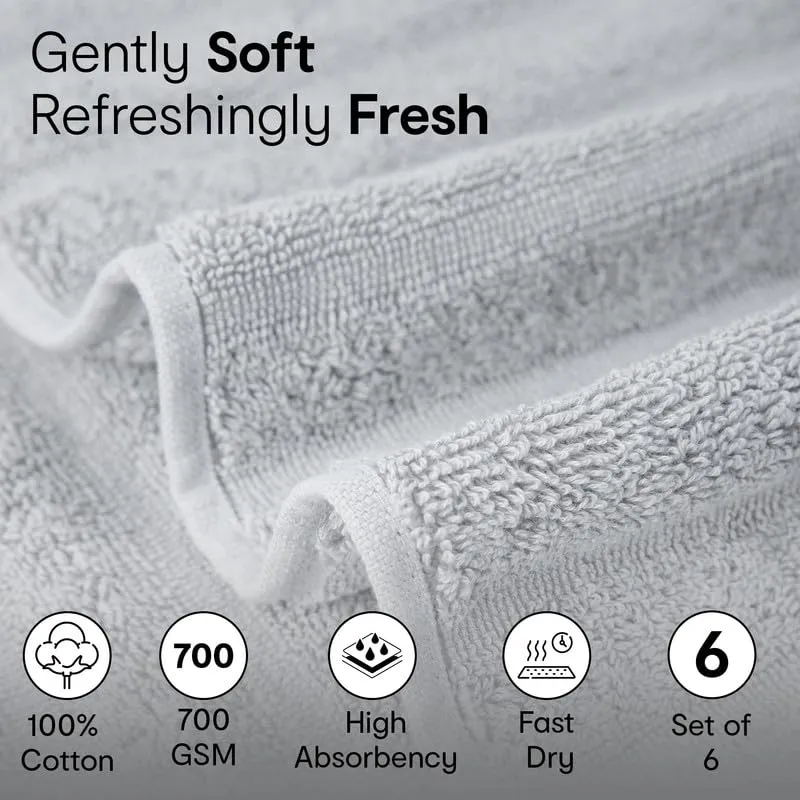Anko Australia 100% Cotton 700 GSM Ribbed Hand Towel | Set of 6 | Super-Soft, Absorbent, Quick-Drying | Grey Towel for Men, Women & Kids | 60x40 cm |Travel, Gym, Spa Towel