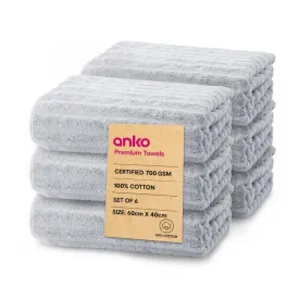 Anko Australia 100% Cotton 700 GSM Ribbed Hand Towel | Set of 6 | Super-Soft, Absorbent, Quick-Drying | Grey Towel for Men, Women & Kids | 60x40 cm |Travel, Gym, Spa Towel
