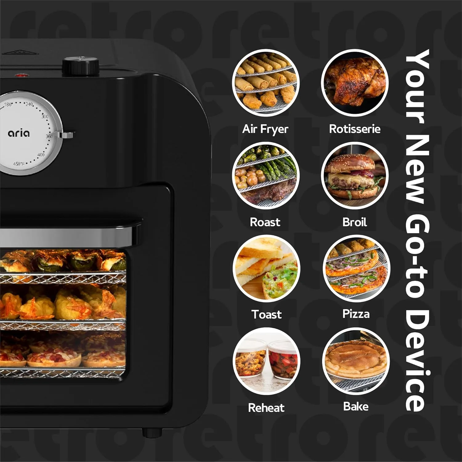 Aria Retro 17Qt Air Fryer Oven: 4-in-1 Functionality, Bake, Fry, Roast & Grill Complete with Air Fryer Basket & Mesh Trays, Compact