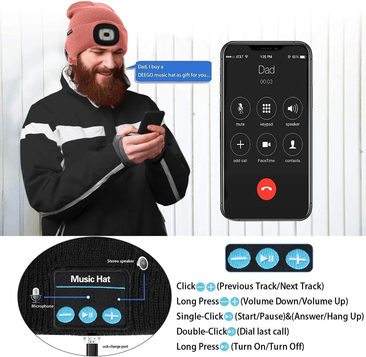ATNKE LED Lighted Bluetooth Beanie Hat,USB Rechargeable 4 LED Wireless Music Running Headlamp Cap Gift for Men and Women