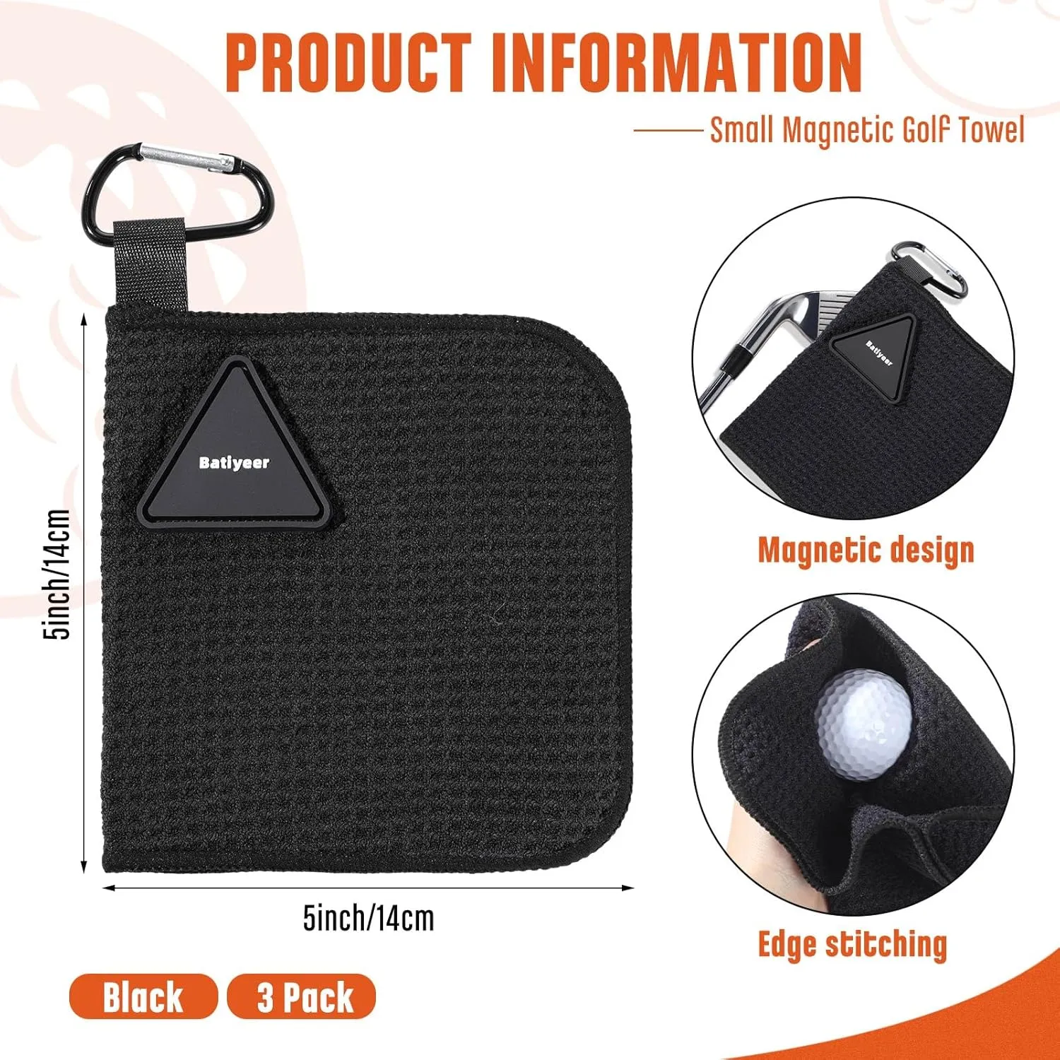 Batiyeer 3 Pack Small Magnetic Golf Towels Gift for Men 5. 5 x 5. 5 Inch Microfiber Waffle Material with Clip Pocket Golf Towel with Magnet Ball Cleaner for Carts Clubs Men Women(Black)