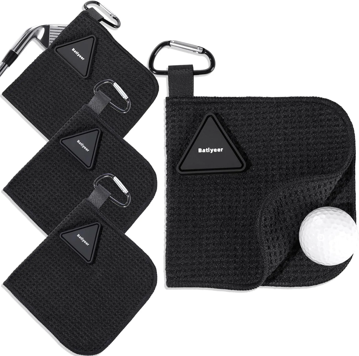 Batiyeer 3 Pack Small Magnetic Golf Towels Gift for Men 5. 5 x 5. 5 Inch Microfiber Waffle Material with Clip Pocket Golf Towel with Magnet Ball Cleaner for Carts Clubs Men Women(Black)