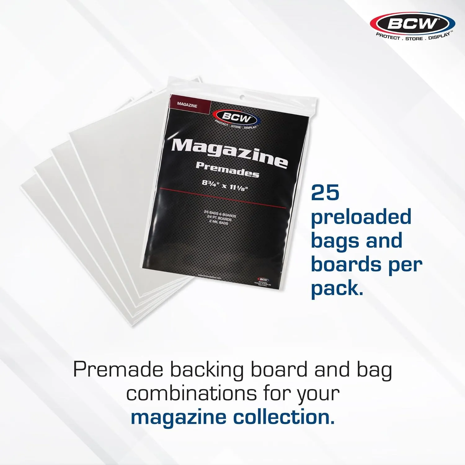 BCW Magazine Premade Non-Resealable Bags and Boards | Standard Size 8 " x 11" | Pre-Loaded Boards in Magazine Sleeve Protectors | Ideal for Packaging and Protecting Magazines (25, Non-Resealable)
