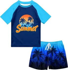 Boys Two Piece Rash Guard Swimsuits Sets Bathing Suits with Trunks 4-12 Years
