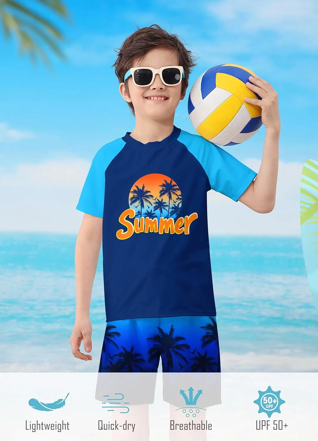 Boys Two Piece Rash Guard Swimsuits Sets Bathing Suits with Trunks 4-12 Years