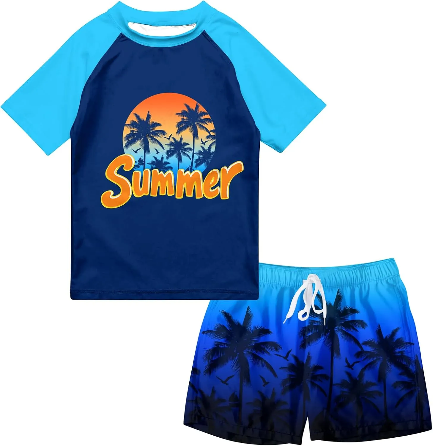 Boys Two Piece Rash Guard Swimsuits Sets Bathing Suits with Trunks 4-12 Years