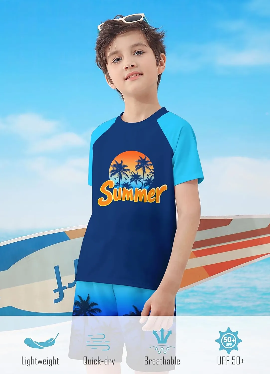 Boys Two Piece Rash Guard Swimsuits Sets Bathing Suits with Trunks 4-12 Years