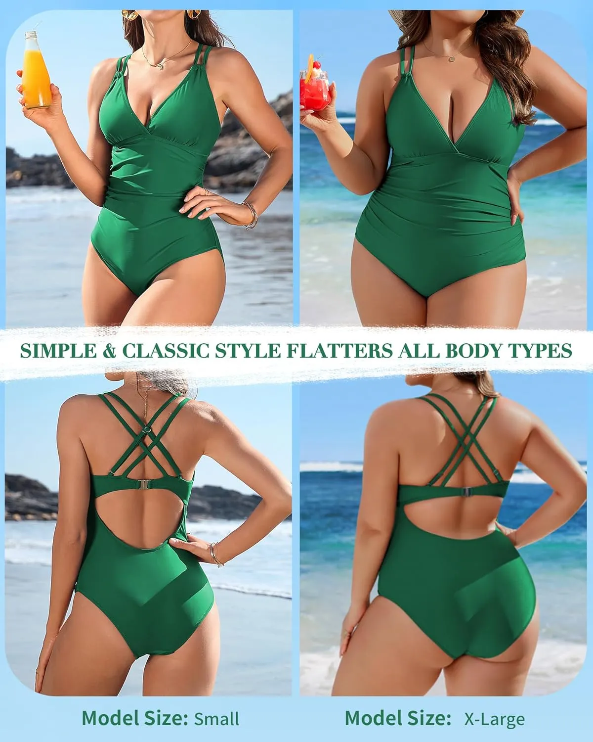 Charmo Tummy Control One Piece Swimsuits for Women Ruched Bathing Suits Strappy V Neck Monokini