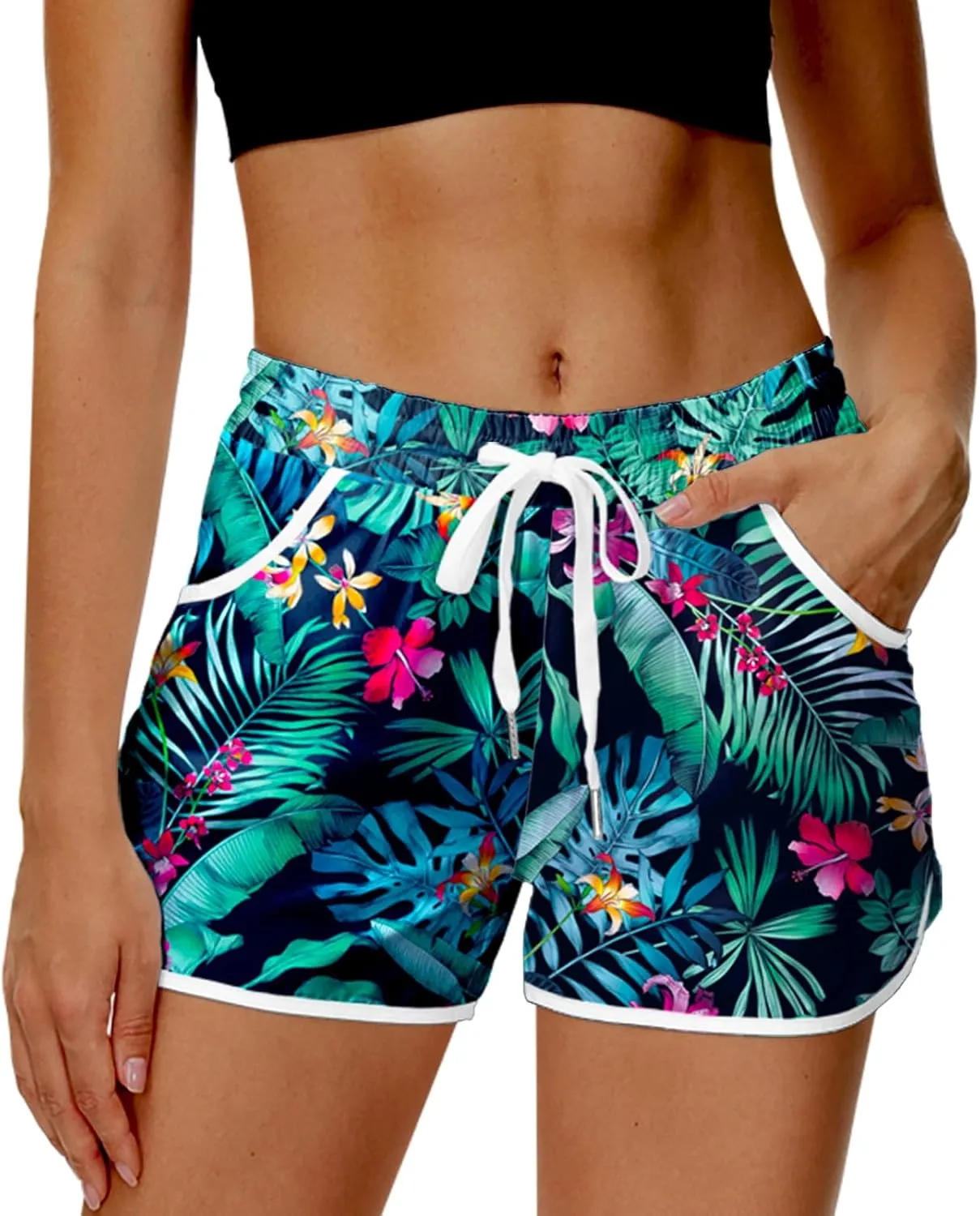 Deerose Women 4th of July Board Shorts Hawaiian Tropical Print Beach Swim Shorts with Pockets