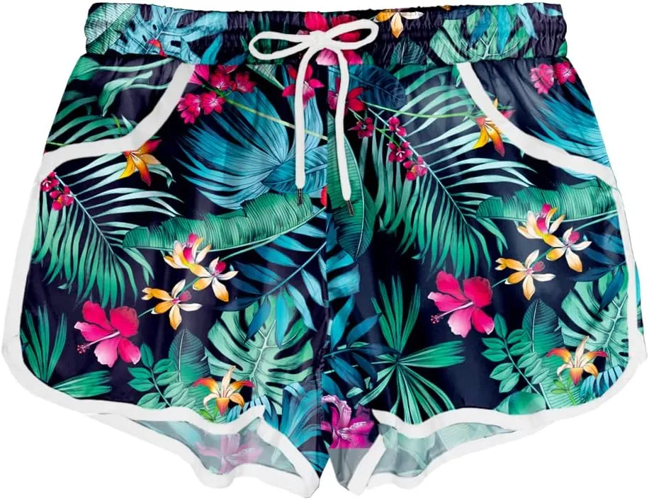 Deerose Women 4th of July Board Shorts Hawaiian Tropical Print Beach Swim Shorts with Pockets