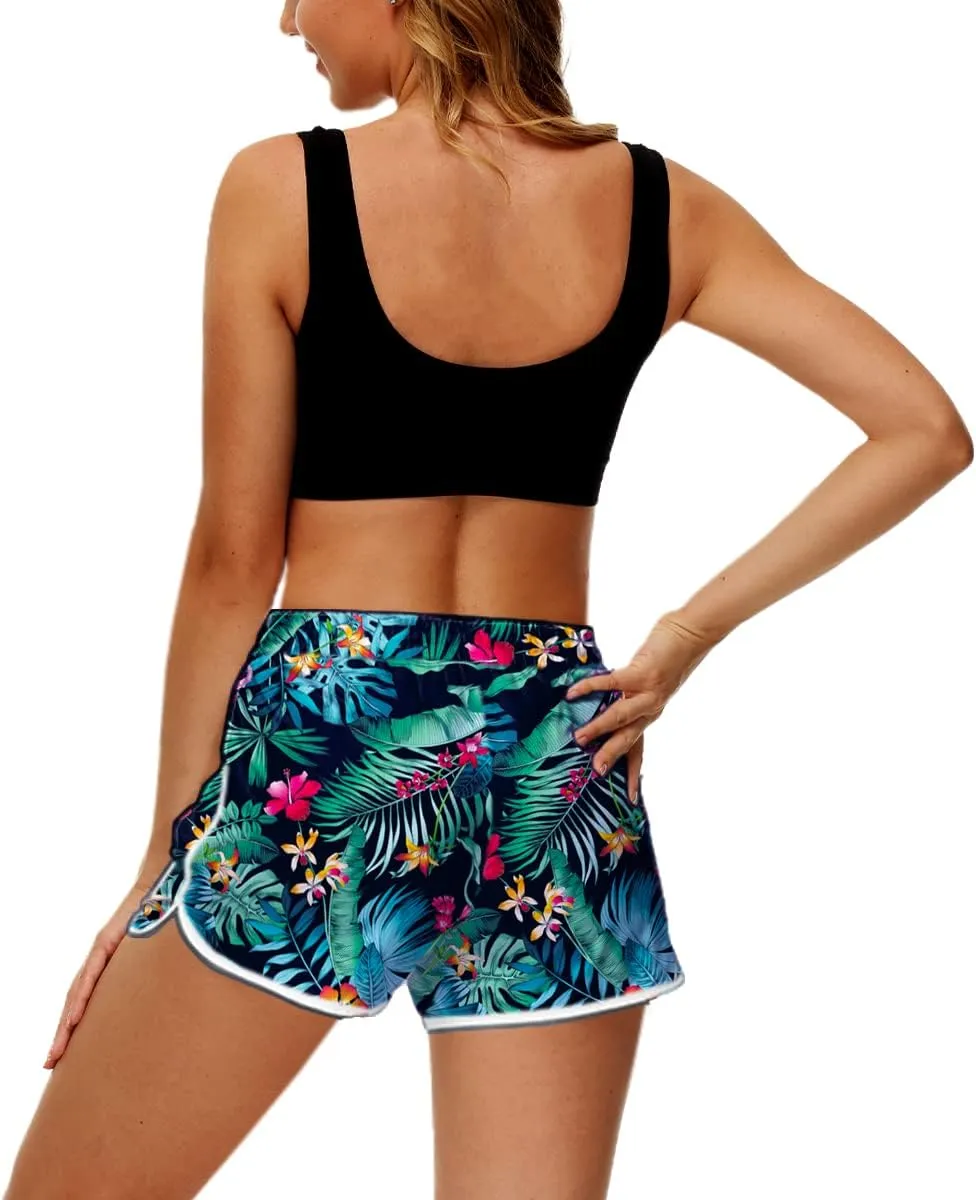 Deerose Women 4th of July Board Shorts Hawaiian Tropical Print Beach Swim Shorts with Pockets