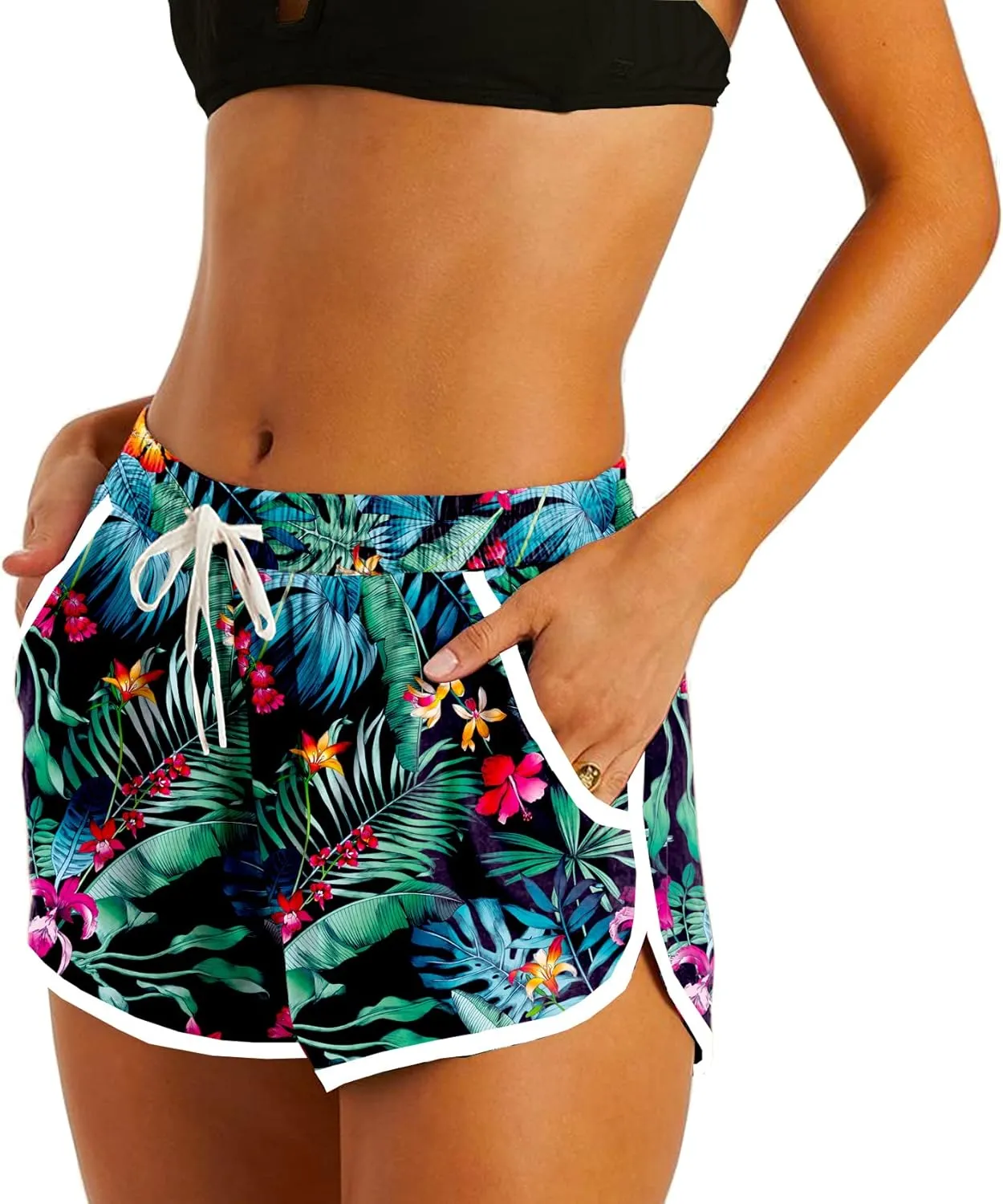 Deerose Women 4th of July Board Shorts Hawaiian Tropical Print Beach Swim Shorts with Pockets