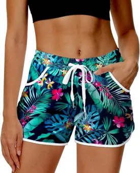 Deerose Women 4th of July Board Shorts Hawaiian Tropical Print Beach Swim Shorts with Pockets