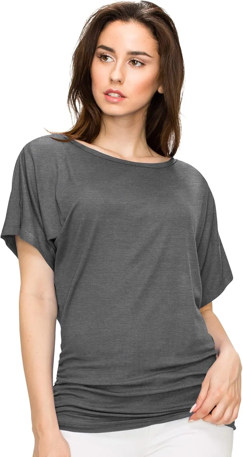 Made By Johnny Women's Casual Solid Short Sleeve Boat Neck/V Neck Dolman Top T Shirt with Side Shirring