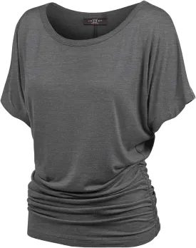 Made By Johnny Women's Casual Solid Short Sleeve Boat Neck/V Neck Dolman Top T Shirt with Side Shirring