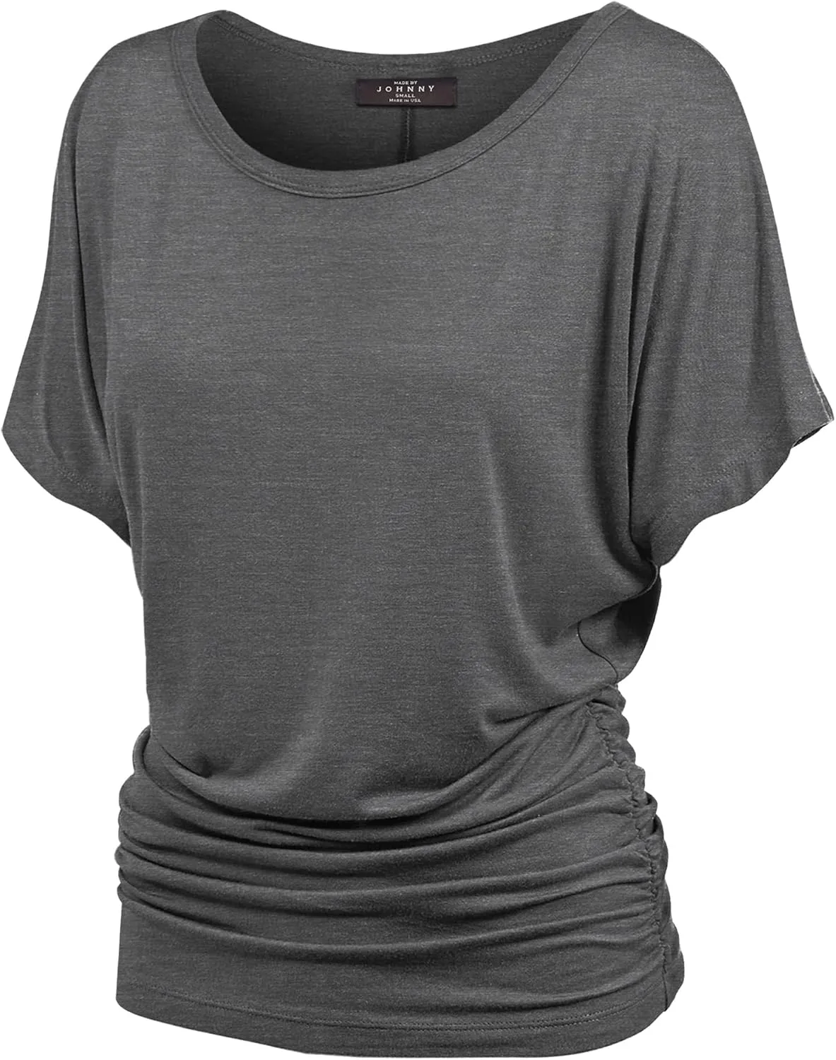 Made By Johnny Women's Casual Solid Short Sleeve Boat Neck/V Neck Dolman Top T Shirt with Side Shirring