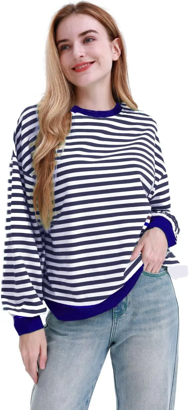 MAGICMK Womens Oversized Sweatshirt Long Sleeve Striped Crewneck Hoodies Shirts Trend Preppy Fall Women pullover tops