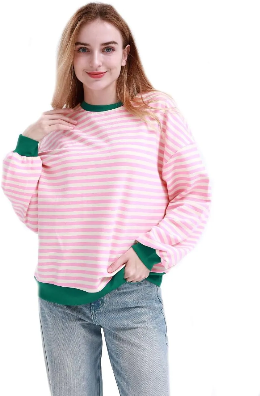 MAGICMK Womens Oversized Sweatshirt Long Sleeve Striped Crewneck Hoodies Shirts Trend Preppy Fall Women pullover tops