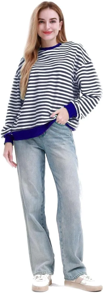 MAGICMK Womens Oversized Sweatshirt Long Sleeve Striped Crewneck Hoodies Shirts Trend Preppy Fall Women pullover tops