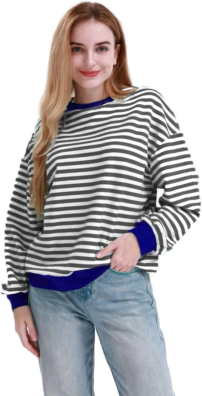 MAGICMK Womens Oversized Sweatshirt Long Sleeve Striped Crewneck Hoodies Shirts Trend Preppy Fall Women pullover tops