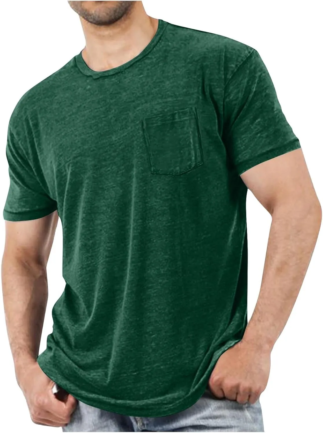 Men Short Sleeve T Shirts with Chest Pocket, Solid Color Crewneck Tee Soft Comfy Summer Tops Workout Athletic Tshirt