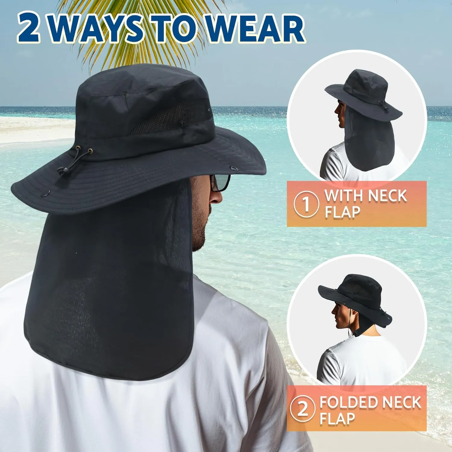 NPJY Sun Fishing Hats for Men Women UV Sun Protection Bucket Hat with Foldable Neck Flap