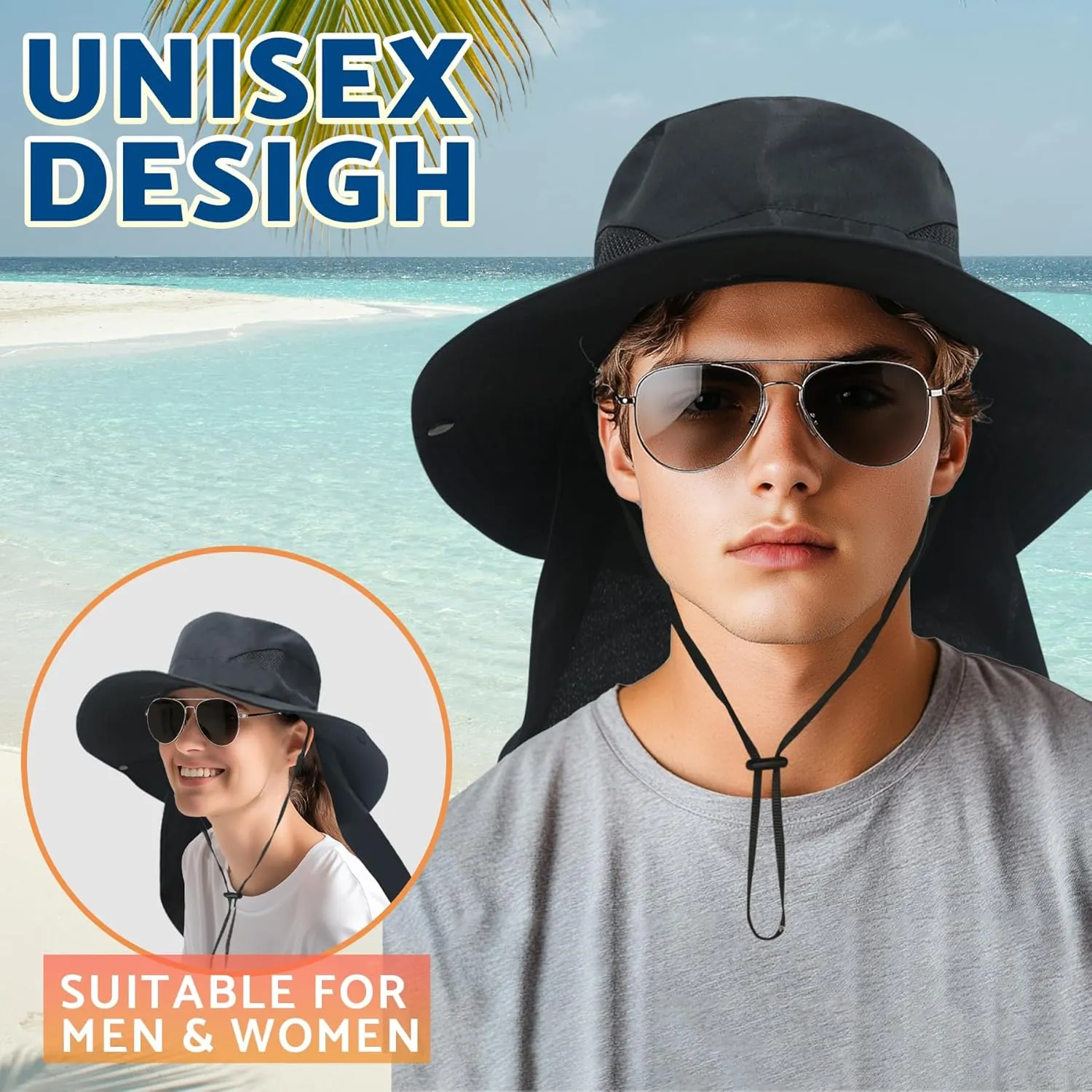 NPJY Sun Fishing Hats for Men Women UV Sun Protection Bucket Hat with Foldable Neck Flap