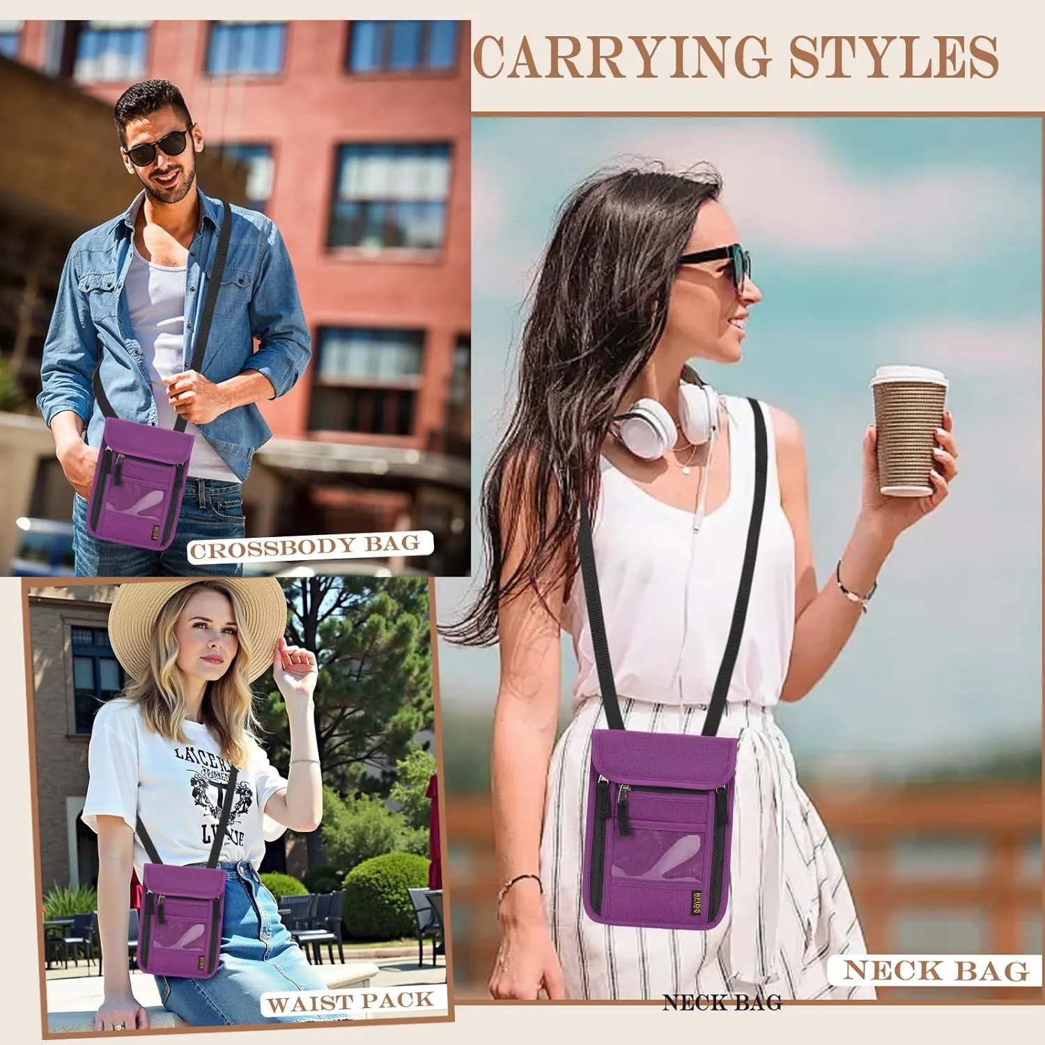 Passport Holder for Travel, Neck Pouch Travel Wallet With RFID Blocking, Waterproof Lightweight Passport Wallet for Women and Men (Purple)