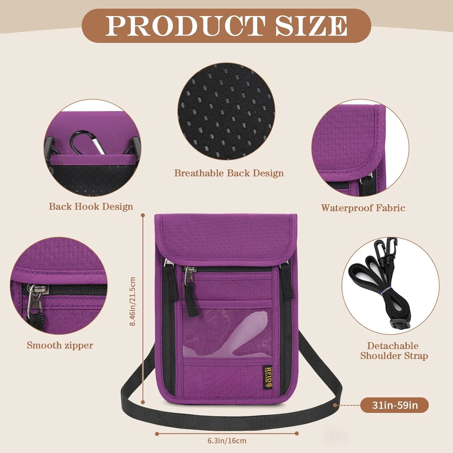 Passport Holder for Travel, Neck Pouch Travel Wallet With RFID Blocking, Waterproof Lightweight Passport Wallet for Women and Men (Purple)