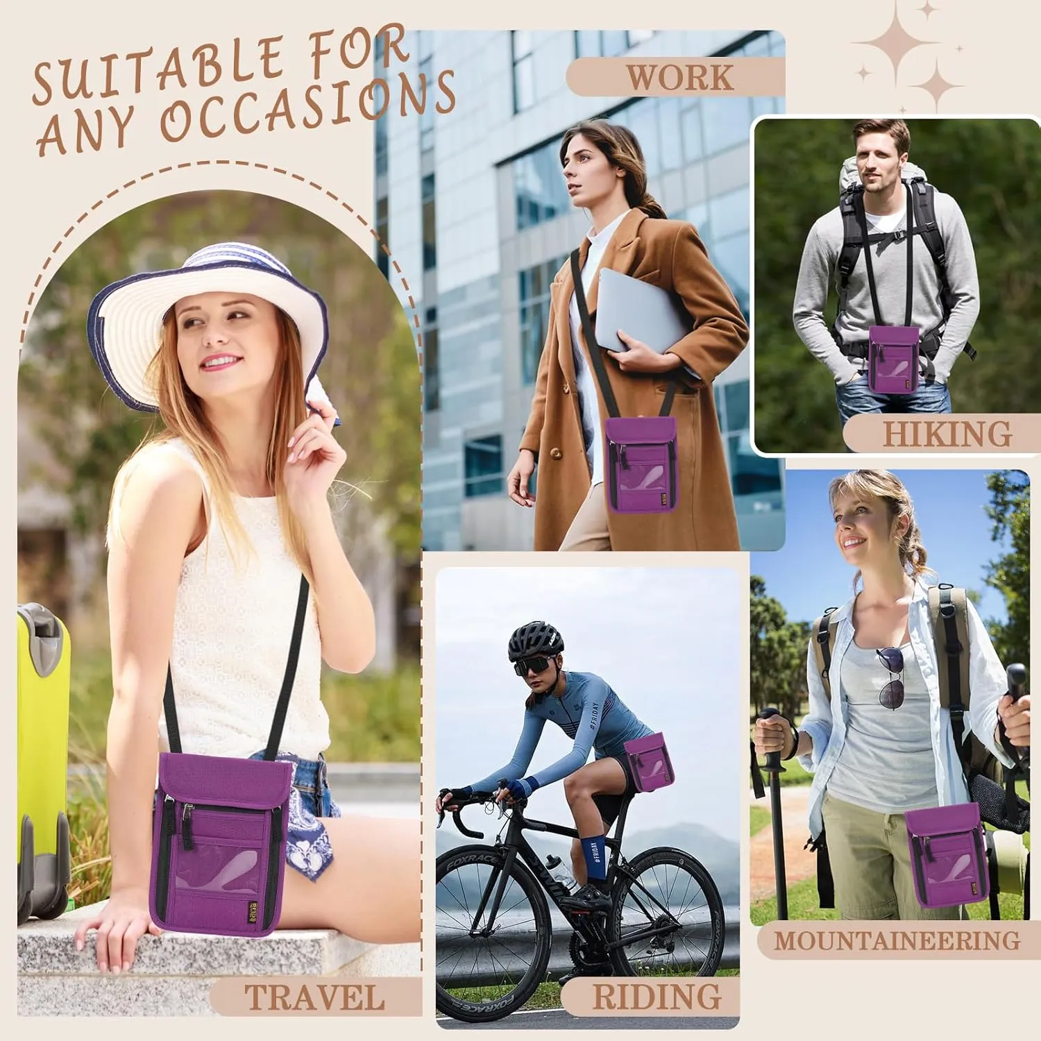 Passport Holder for Travel, Neck Pouch Travel Wallet With RFID Blocking, Waterproof Lightweight Passport Wallet for Women and Men (Purple)