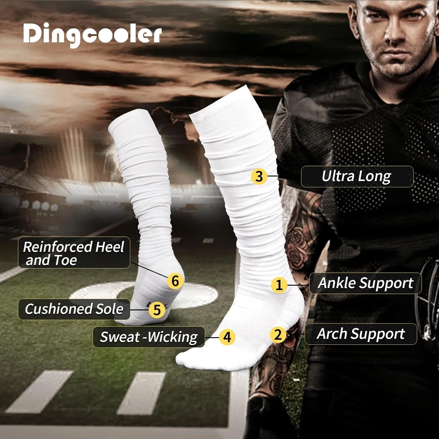 Scrunch Football Socks 2 Pack, Extra Long Padded Athletic Socks for Men & Women