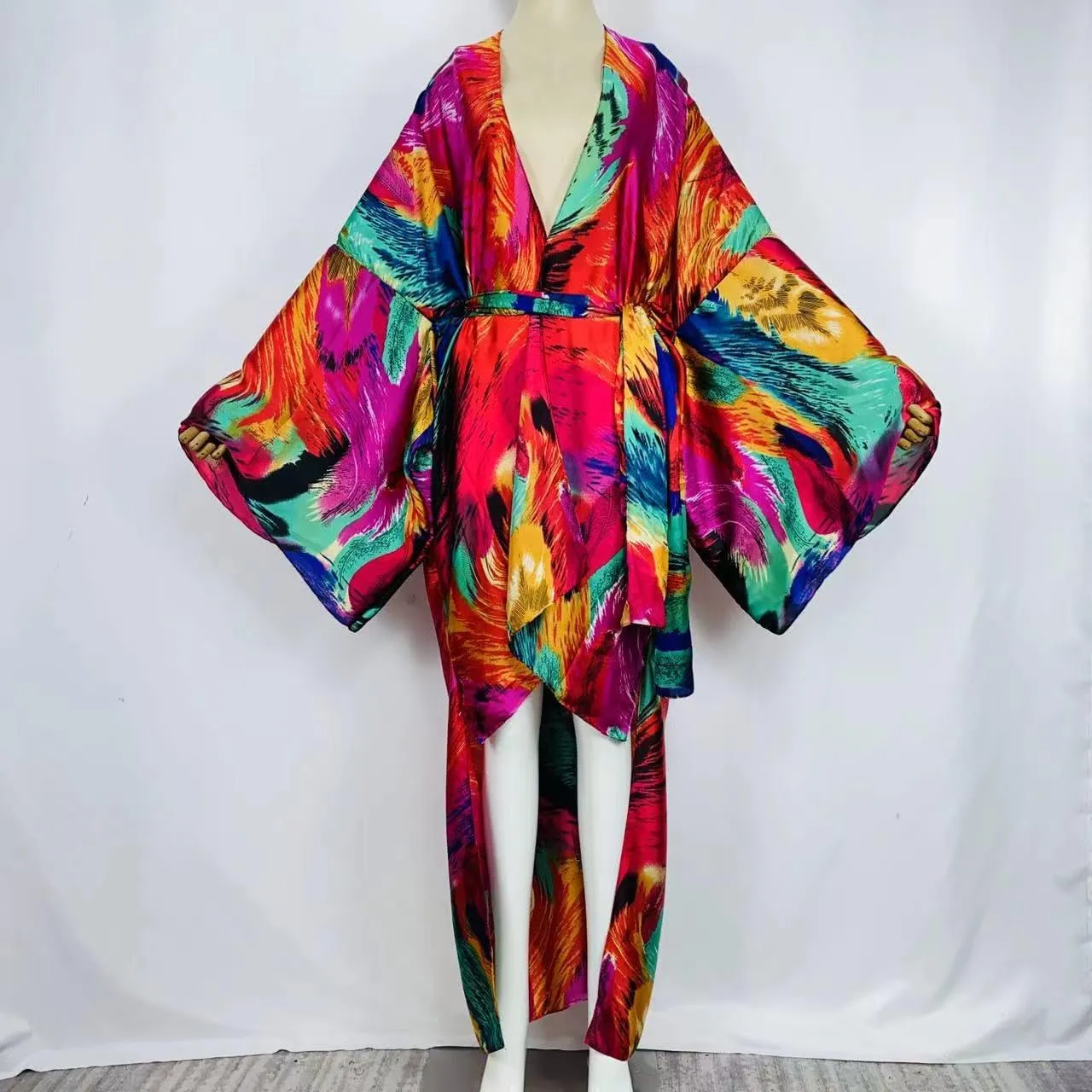 Summer Silk feeling beach cover up Women Cardigan Boho African Holiday party long Sleeve Robe kimono Kaftan