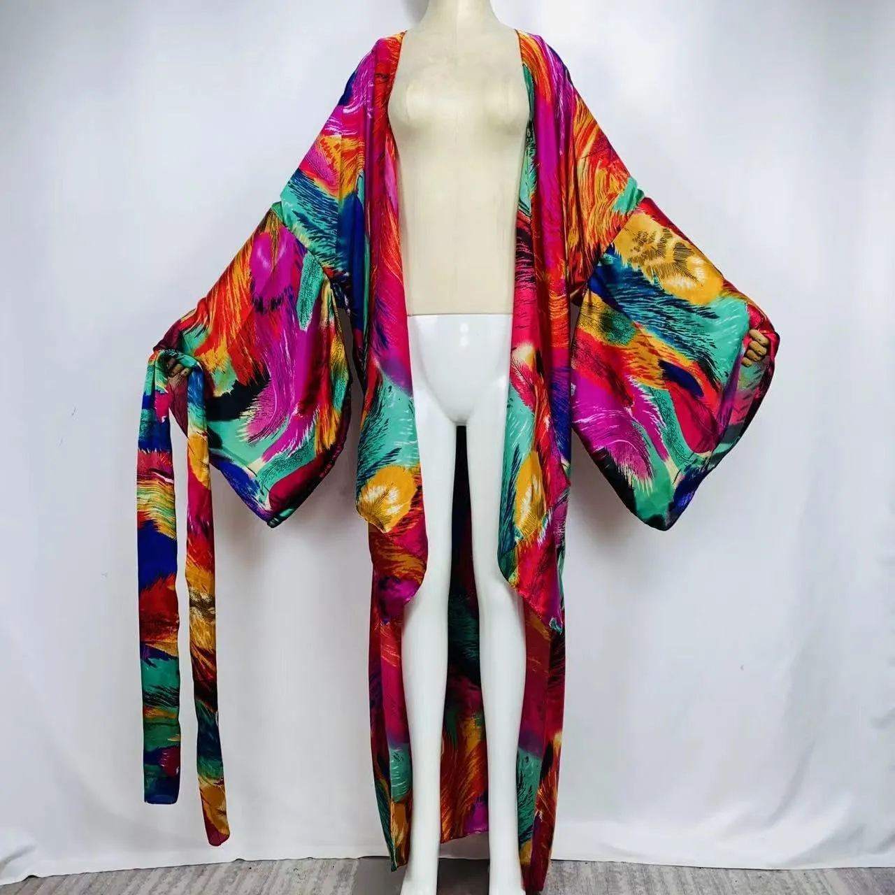 Summer Silk feeling beach cover up Women Cardigan Boho African Holiday party long Sleeve Robe kimono Kaftan