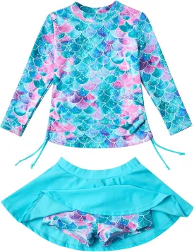 swimsobo Girls Rash Guard Two Pieces Bathing Suit Long Sleeve Swimsuit Swimming Skirt with Shorts Swimwear 3-12T