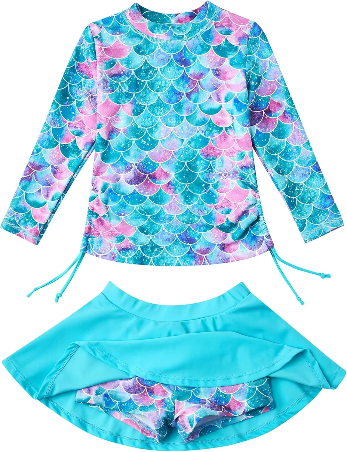 swimsobo Girls Rash Guard Two Pieces Bathing Suit Long Sleeve Swimsuit Swimming Skirt with Shorts Swimwear 3-12T