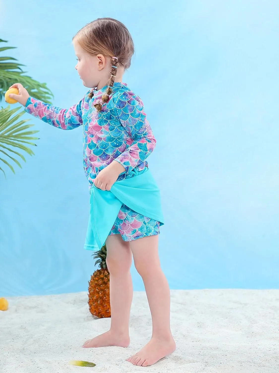 swimsobo Girls Rash Guard Two Pieces Bathing Suit Long Sleeve Swimsuit Swimming Skirt with Shorts Swimwear 3-12T