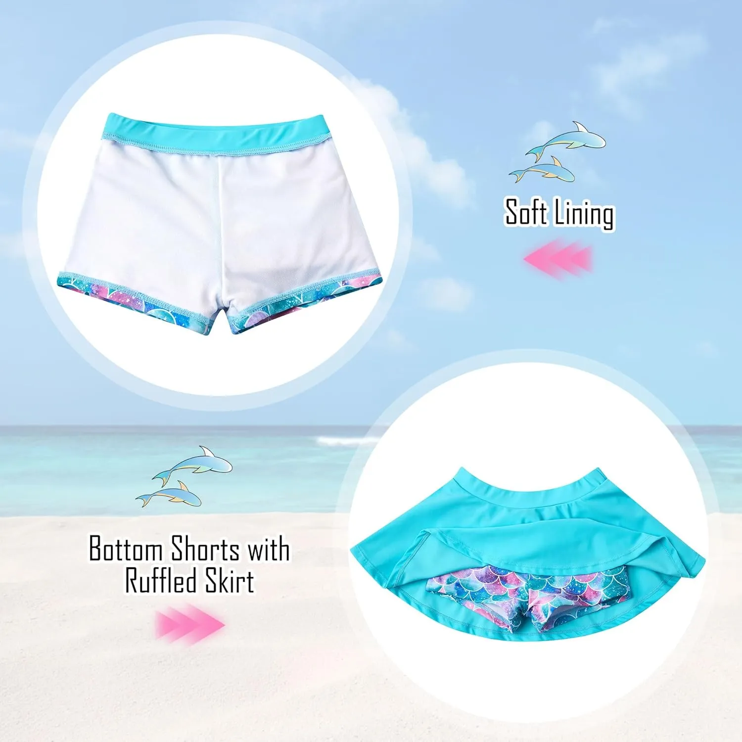 swimsobo Girls Rash Guard Two Pieces Bathing Suit Long Sleeve Swimsuit Swimming Skirt with Shorts Swimwear 3-12T