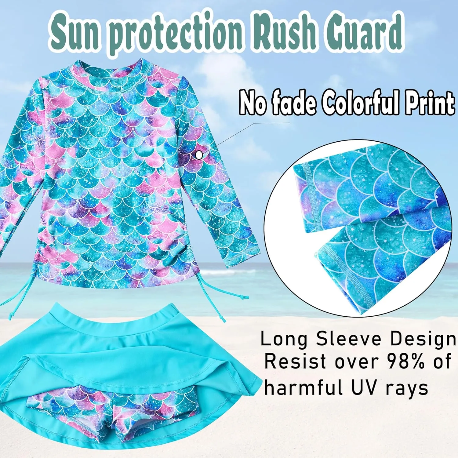 swimsobo Girls Rash Guard Two Pieces Bathing Suit Long Sleeve Swimsuit Swimming Skirt with Shorts Swimwear 3-12T