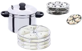 USHA SHRIRAM Idli Maker Stainless Steel | Induction & Gas Friendly | Idli Cooker with Stand | 3 Round Plates (12 idlis and 12 Button Idlis)   4 Tri Plate (20 idlis)