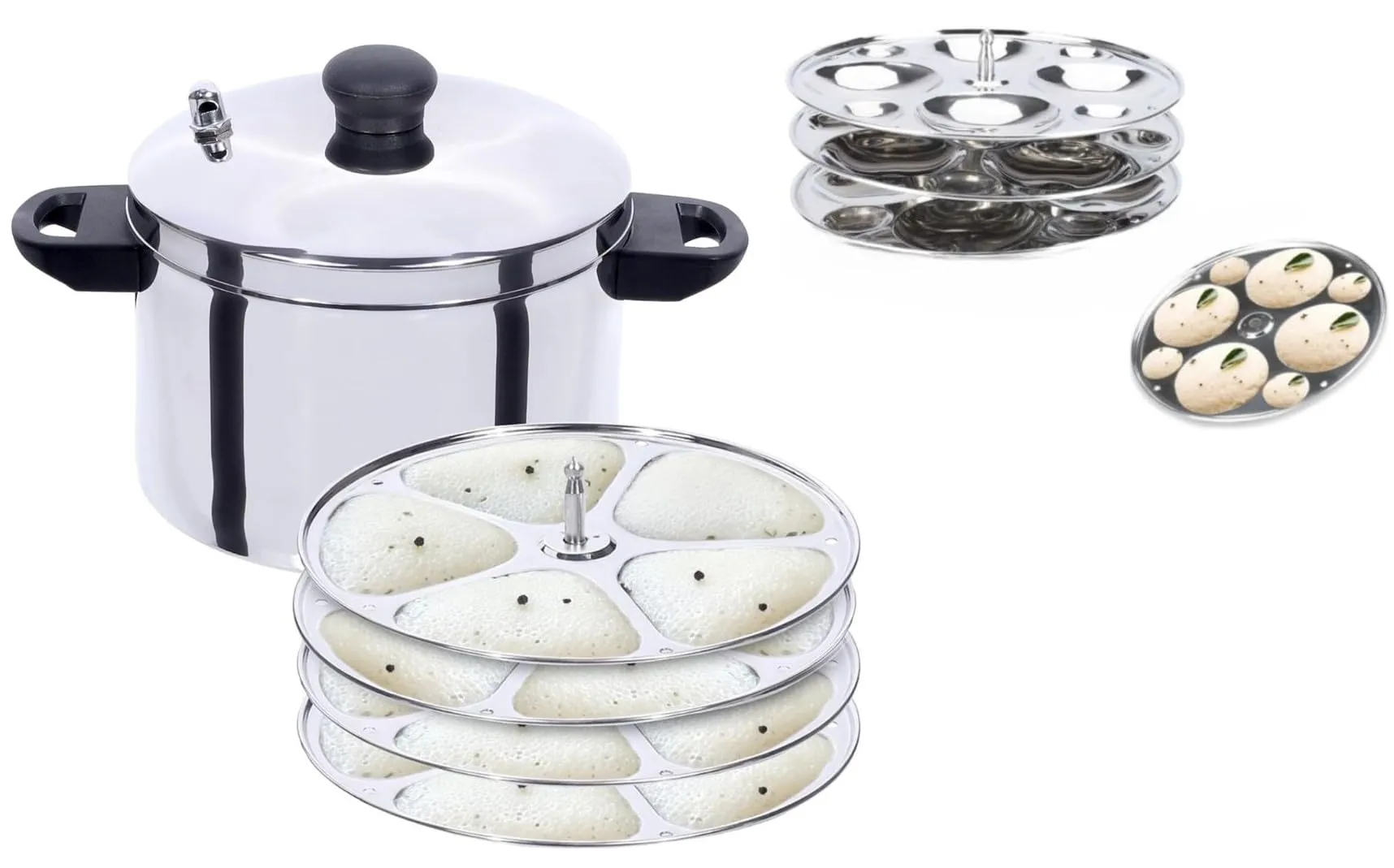 USHA SHRIRAM Idli Maker Stainless Steel | Induction & Gas Friendly | Idli Cooker with Stand | 3 Round Plates (12 idlis and 12 Button Idlis)   4 Tri Plate (20 idlis)