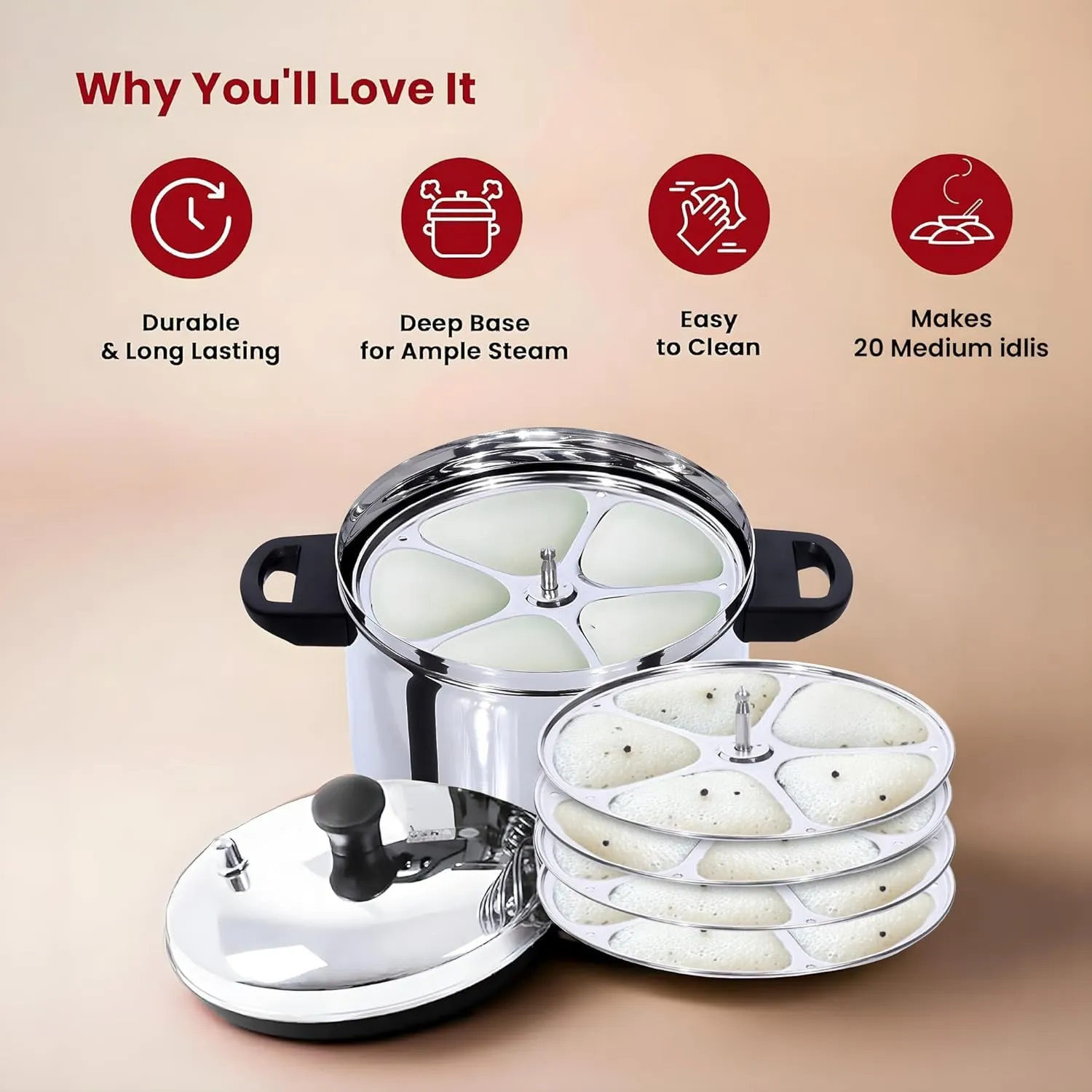 USHA SHRIRAM Idli Maker Stainless Steel | Induction & Gas Friendly | Idli Cooker with Stand | 3 Round Plates (12 idlis and 12 Button Idlis)   4 Tri Plate (20 idlis)