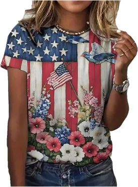 Women's Independence Day Round Neck Retro Floral Print Casual Retro T-Shirt