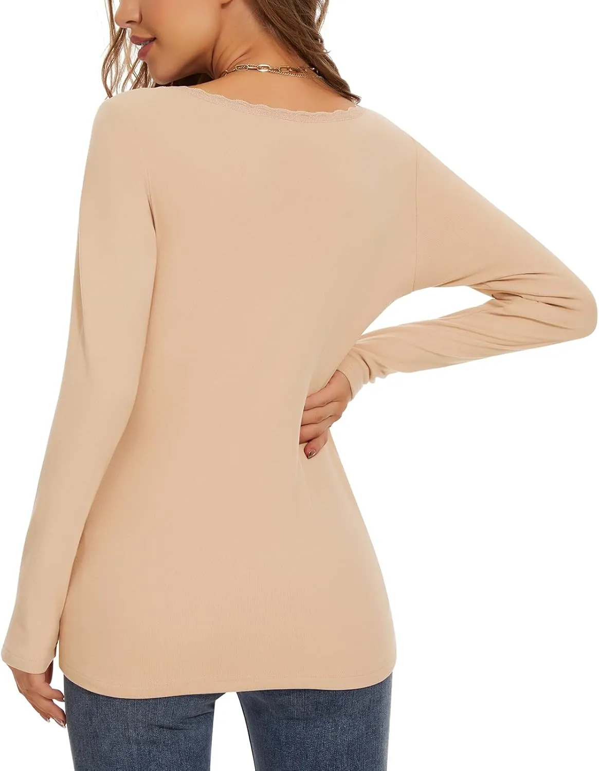 WOWENY Women Thermal Long Sleeve Shirt Fleece Lined Basic Fitted Tops Lace V Neck Undershirts Winter Tight Base Layer