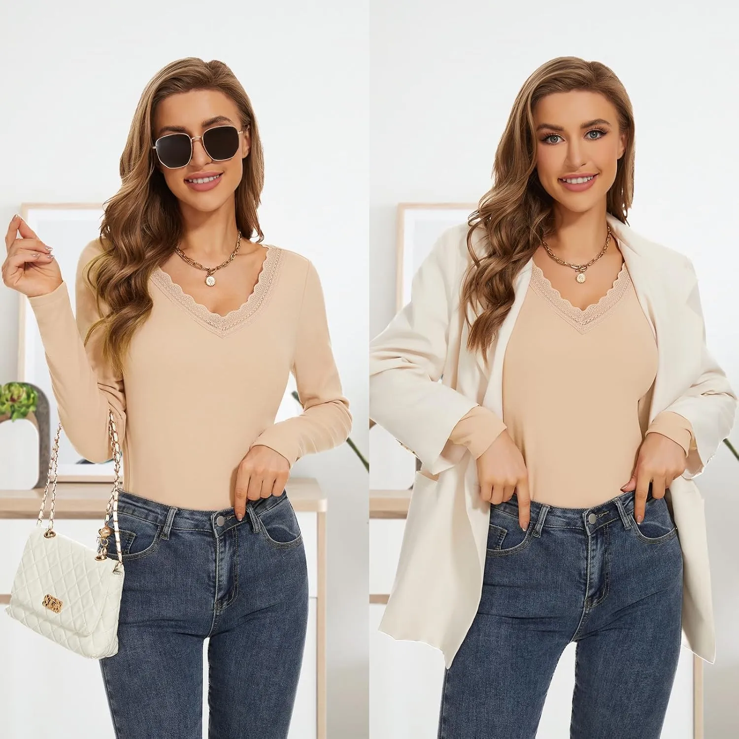 WOWENY Women Thermal Long Sleeve Shirt Fleece Lined Basic Fitted Tops Lace V Neck Undershirts Winter Tight Base Layer