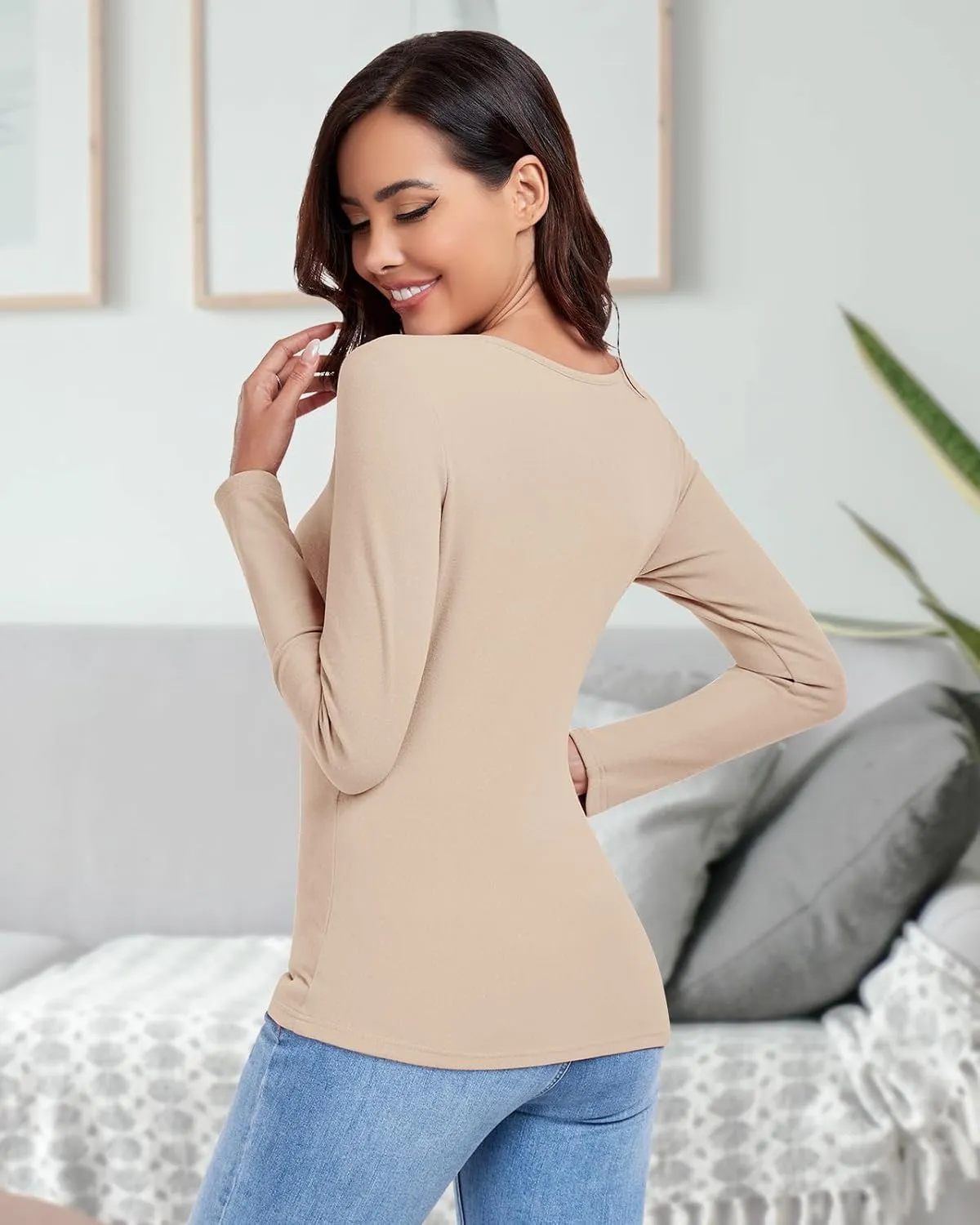 WOWENY Women Thermal Long Sleeve Shirt Fleece Lined Undershirts Basic Fitted Tops Sweetheart Neck Winter Base Layer