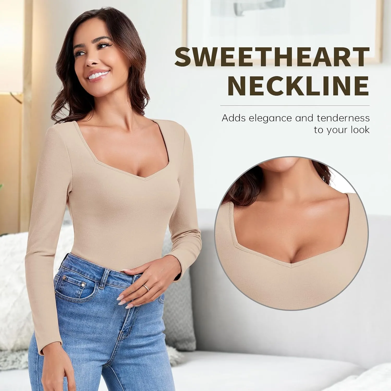 WOWENY Women Thermal Long Sleeve Shirt Fleece Lined Undershirts Basic Fitted Tops Sweetheart Neck Winter Base Layer