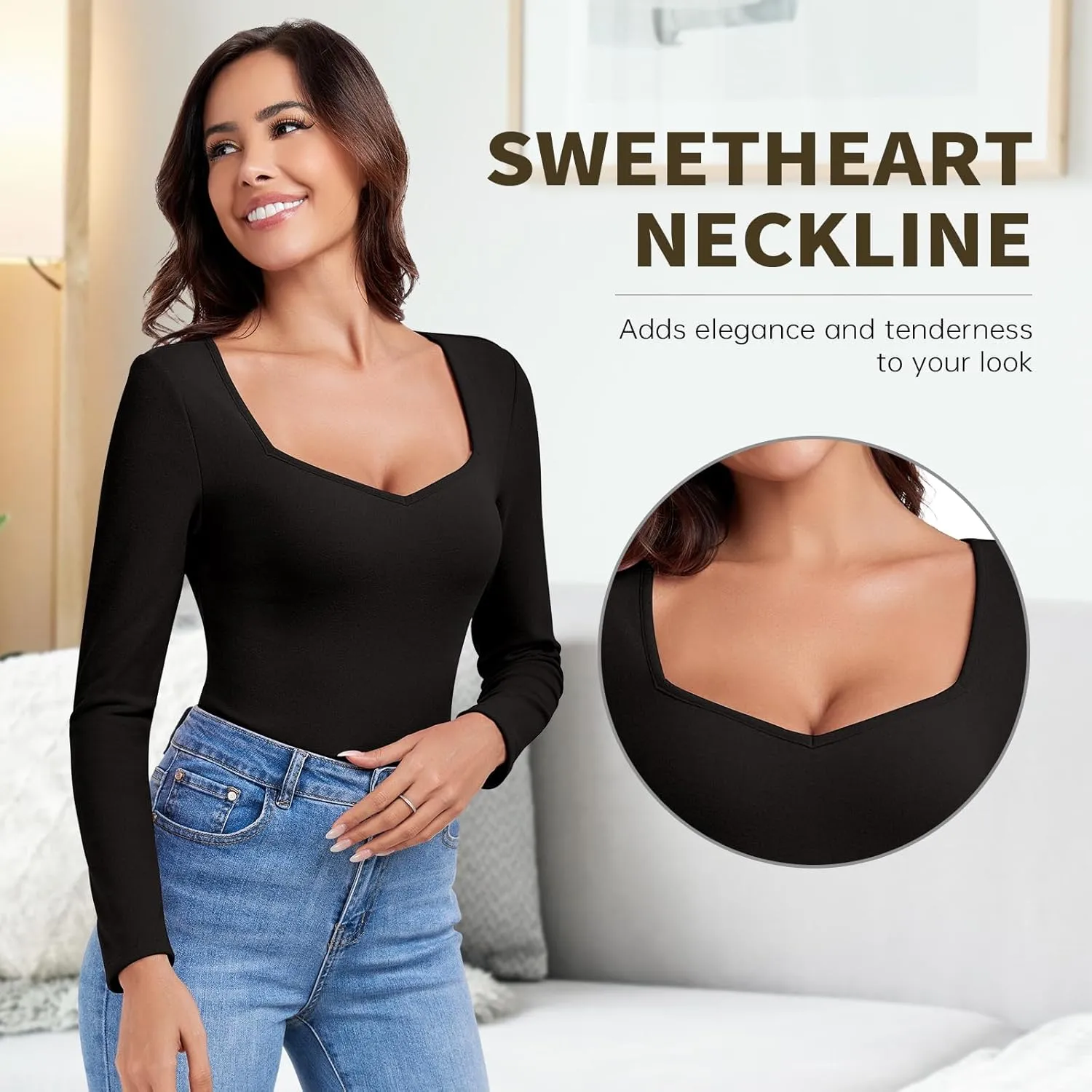 WOWENY Women Thermal Long Sleeve Shirt Fleece Lined Undershirts Basic Fitted Tops Sweetheart Neck Winter Base Layer