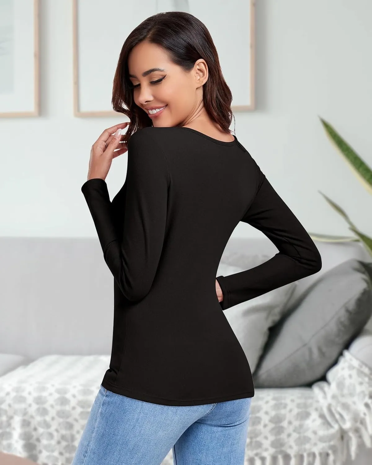 WOWENY Women Thermal Long Sleeve Shirt Fleece Lined Undershirts Basic Fitted Tops Sweetheart Neck Winter Base Layer