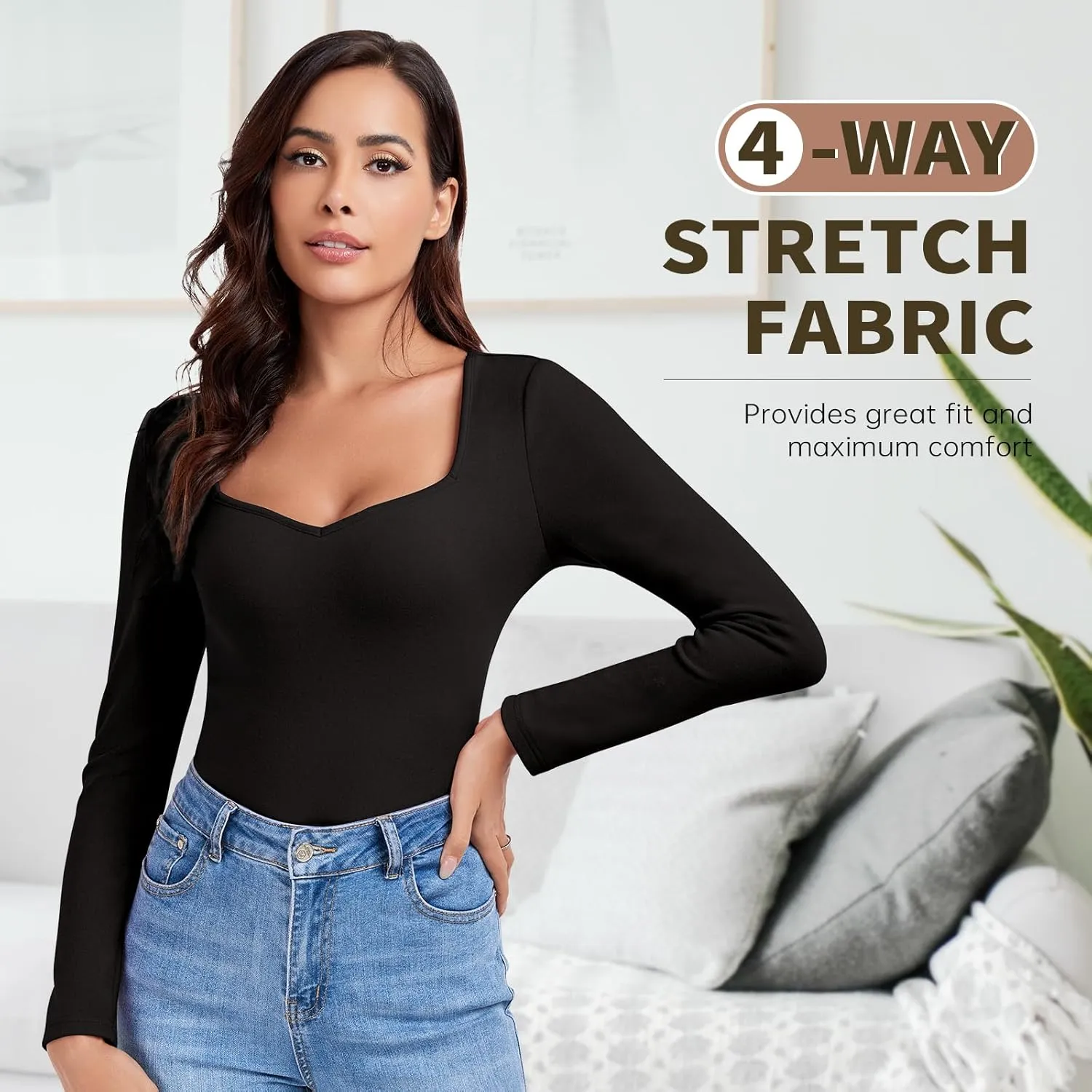 WOWENY Women Thermal Long Sleeve Shirt Fleece Lined Undershirts Basic Fitted Tops Sweetheart Neck Winter Base Layer