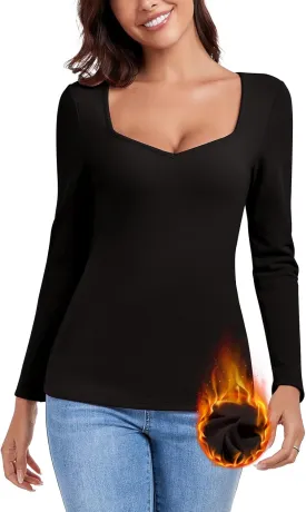 WOWENY Women Thermal Long Sleeve Shirt Fleece Lined Undershirts Basic Fitted Tops Sweetheart Neck Winter Base Layer